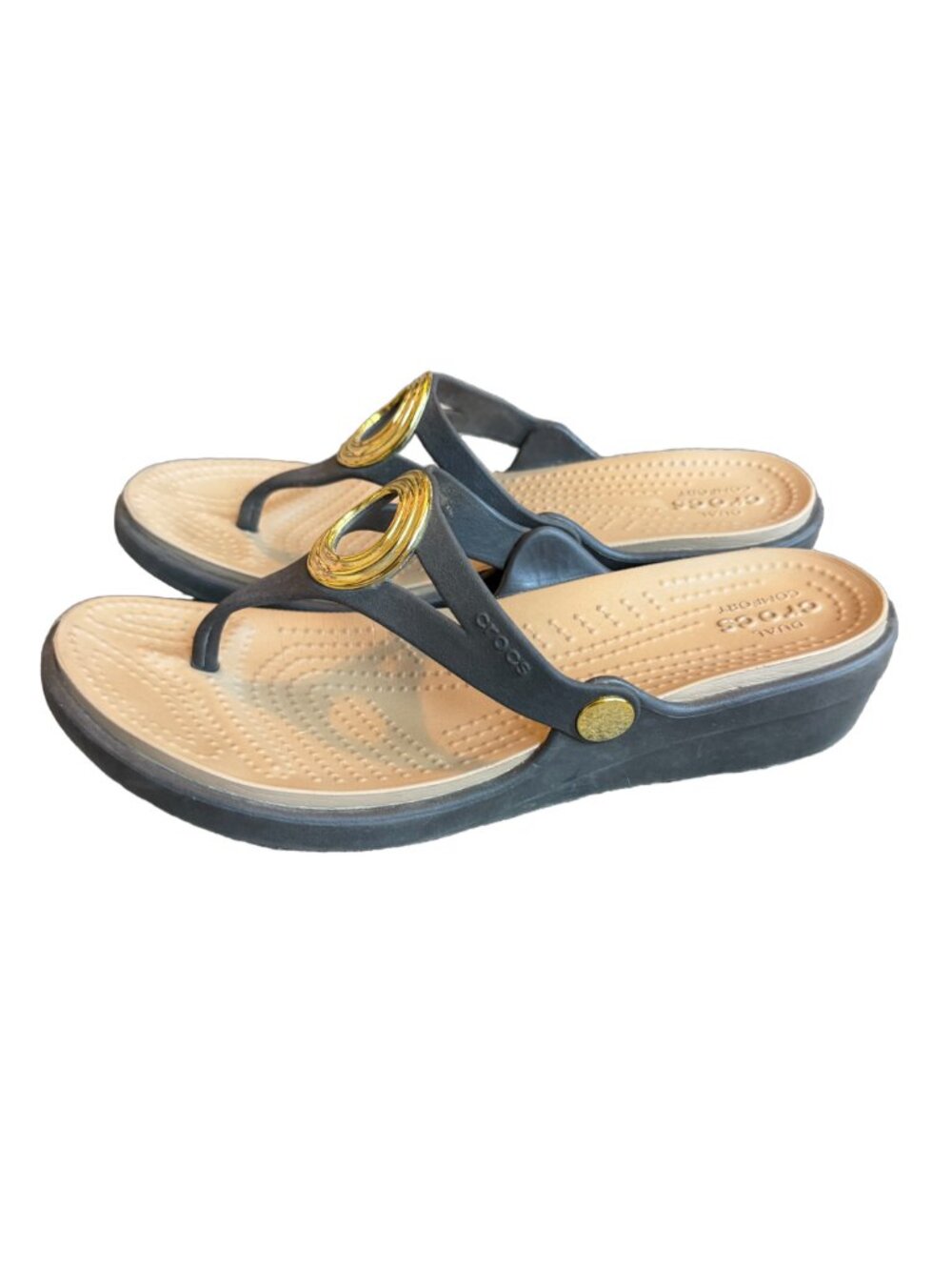 Crocs Black Gold O Ring Wedge Flip Flop Sandals Lightweight Strap Size 8 Women's - Picture 5 of 11